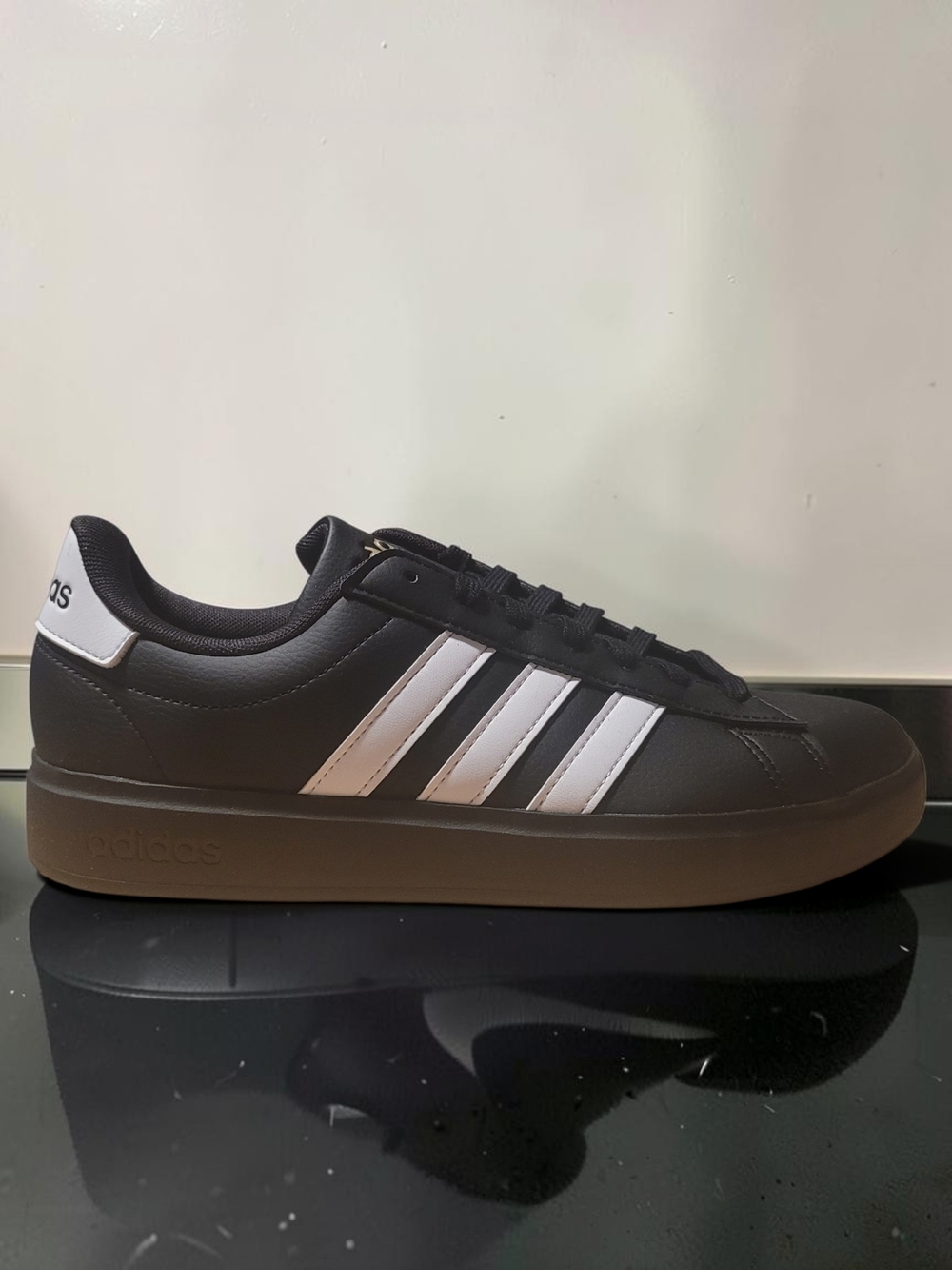 adidas Black Sneaker with White Stripes and Gum Sole